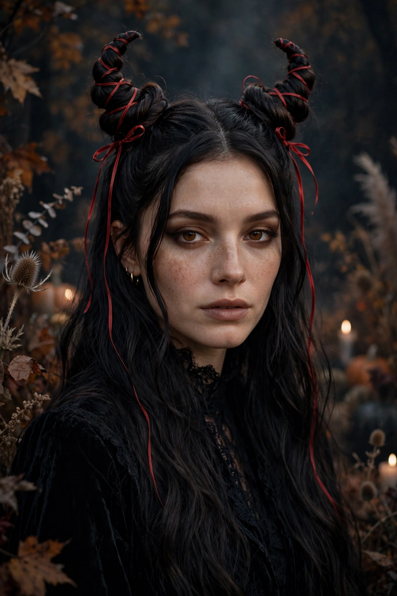 Halloween hairstyles for long hair devil horn space buns with red ribbons on a real woman