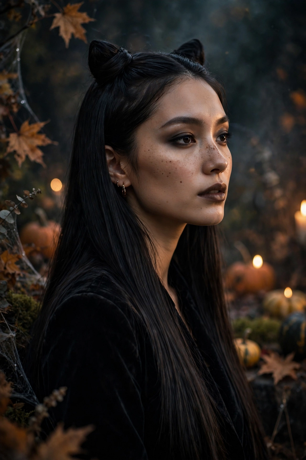 Halloween hairstyles for long hair cat ear buns with sleek straight lengths on a real woman