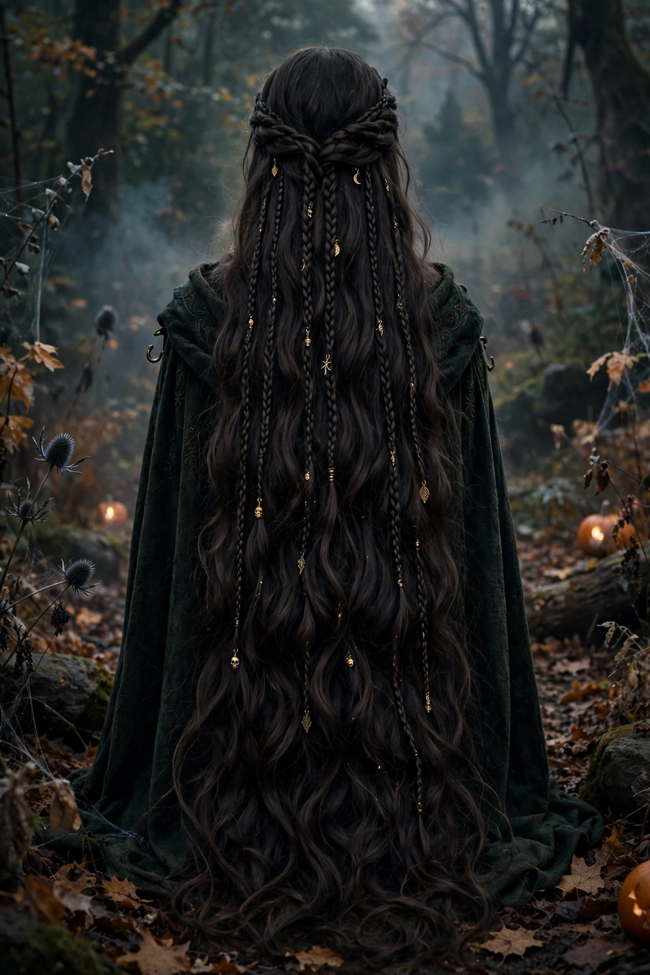 Halloween hairstyles for long hair dark Rapunzel waves with mini braids and charms on a real woman