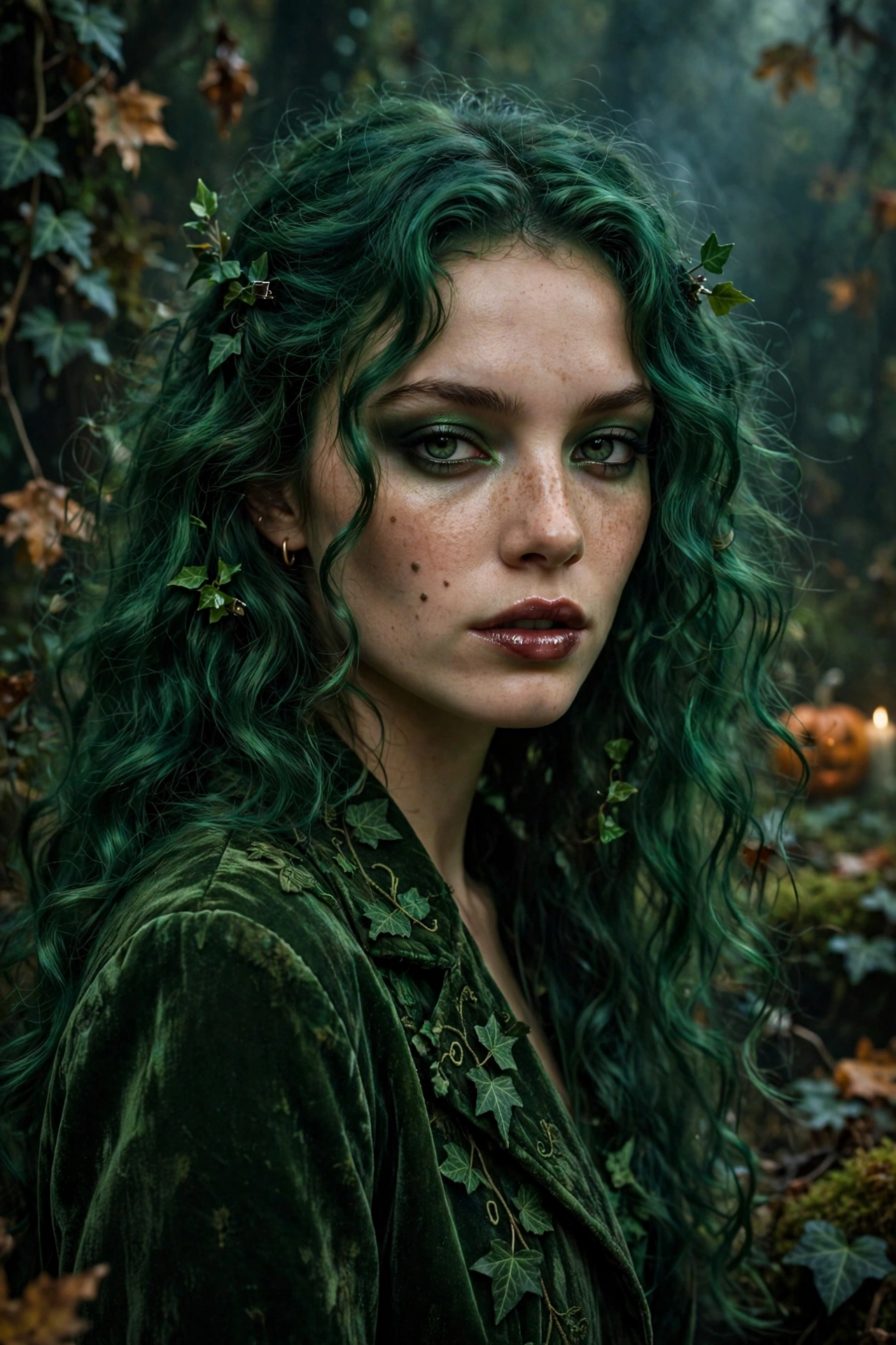 Halloween hairstyles for long hair Poison Ivy emerald green curls with leaf clips on a real woman