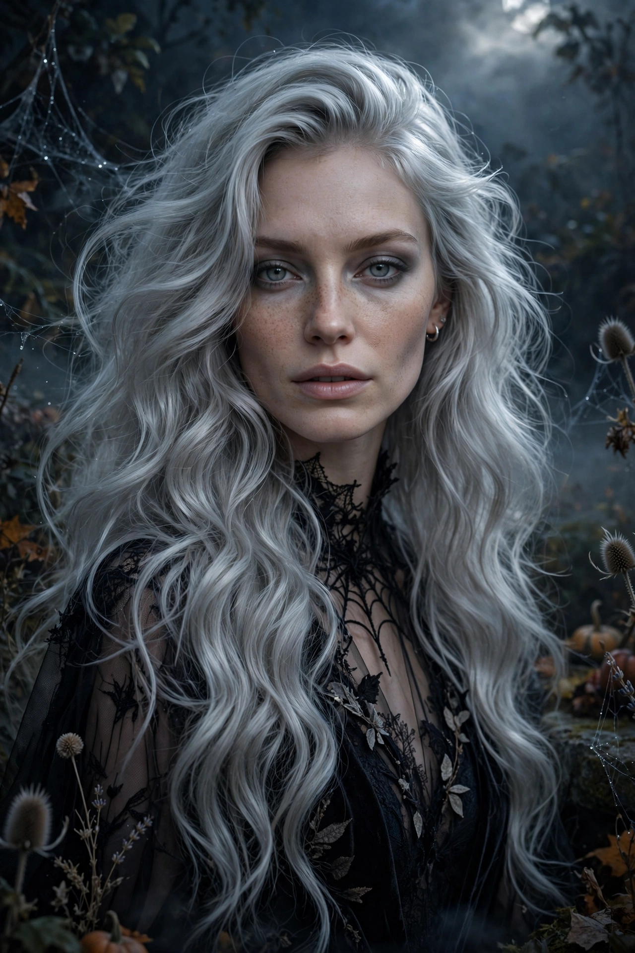Halloween hairstyles for long hair ghostly silver moonlight waves on a real woman