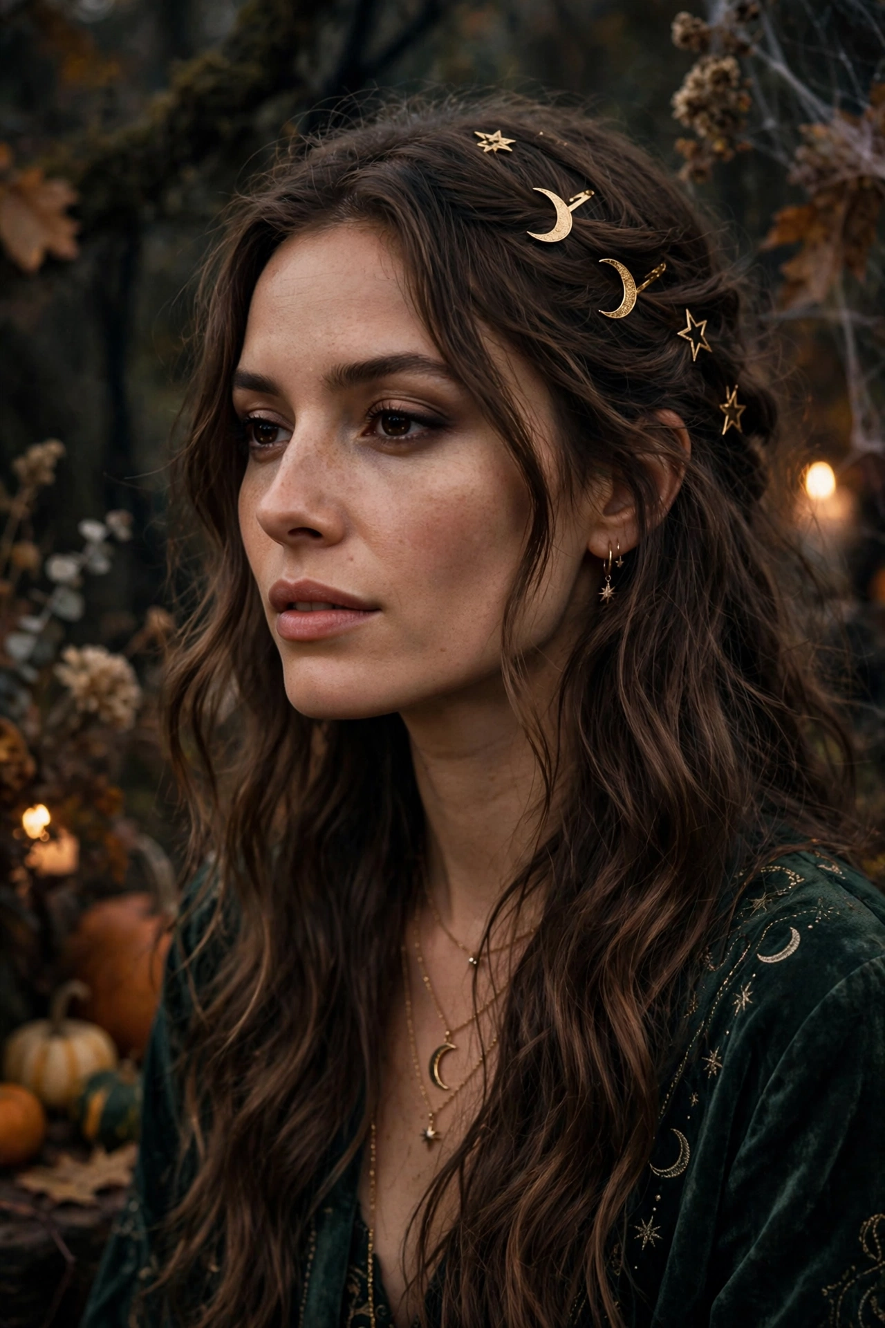 Halloween hairstyles for long hair fortune teller boho waves with moon star clips on a real woman