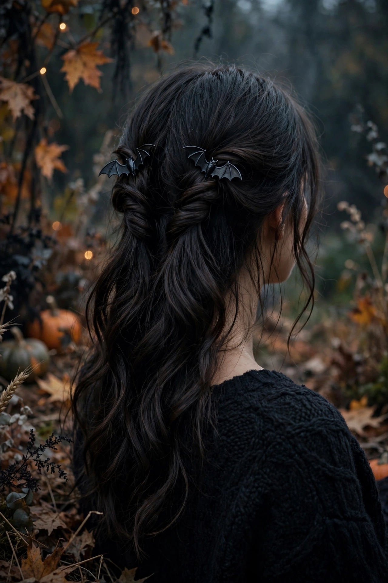 Halloween hairstyles for long hair bat wing half up twists with bat clips on a real woman