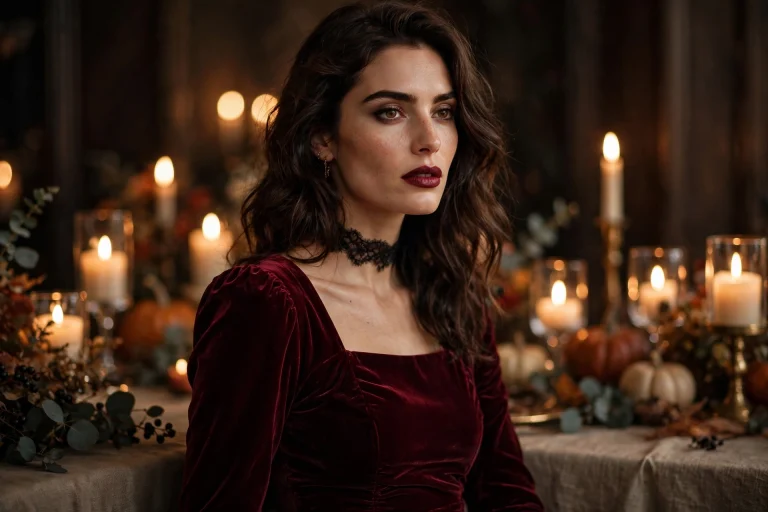 Halloween party outfits chic velvet vampire glam look worn by a model at a candlelit party