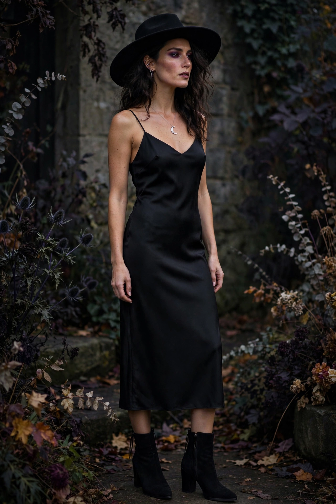 Chic witch Halloween party outfit in all black with wide brim hat on a model