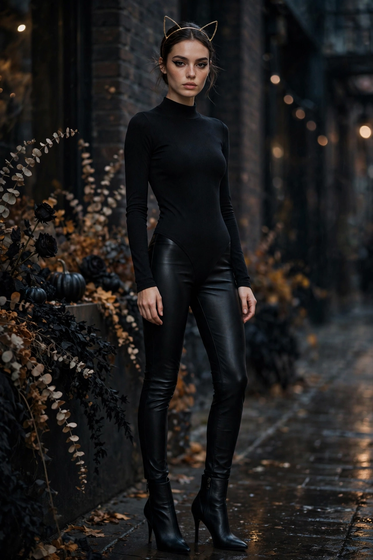 Elevated cat Halloween party outfit with black bodysuit and leather leggings on a model