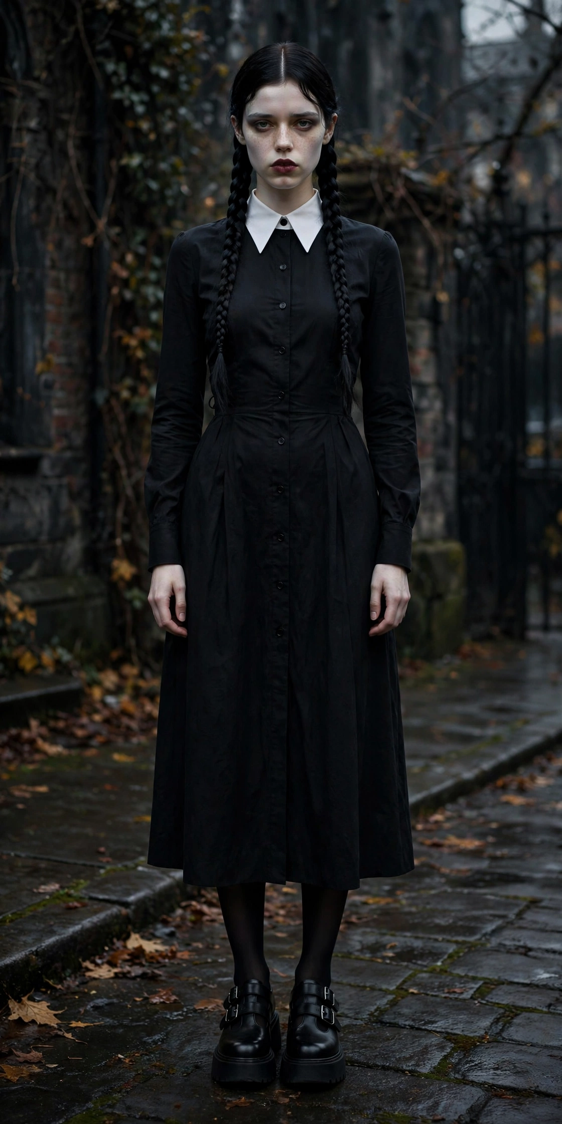 Modern Wednesday Addams Halloween party outfit with black collared dress on a model