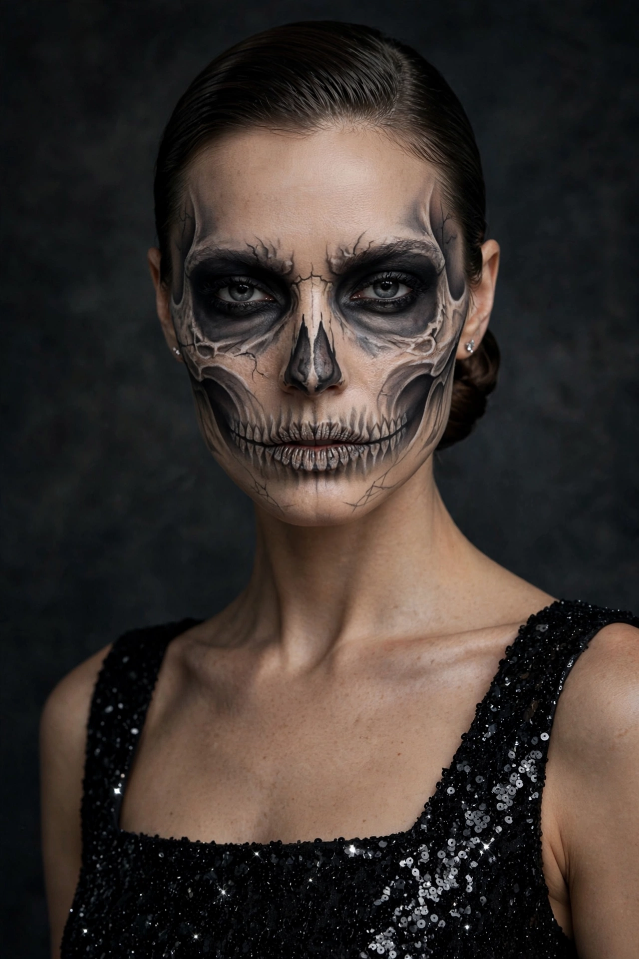 Glam skeleton Halloween party outfit with black sequin dress worn by a model