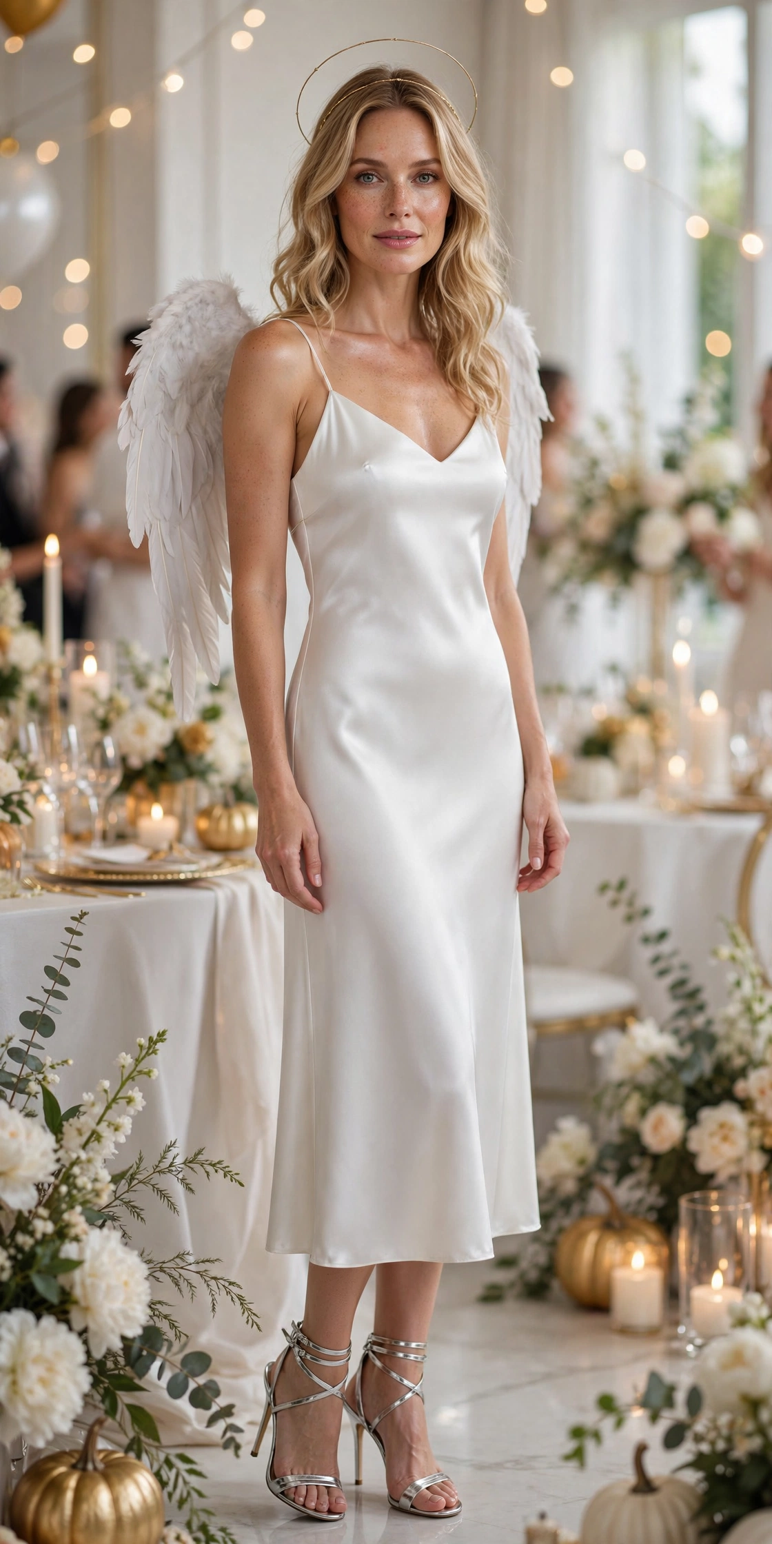 Angel Halloween party outfit in white satin dress with halo worn by a model