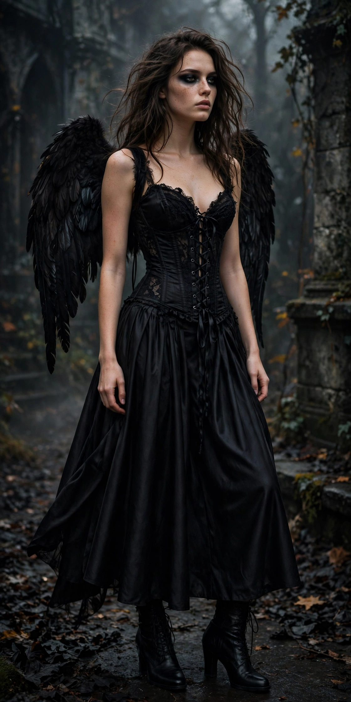 Fallen dark angel Halloween party outfit with black corset and feather wings on a model