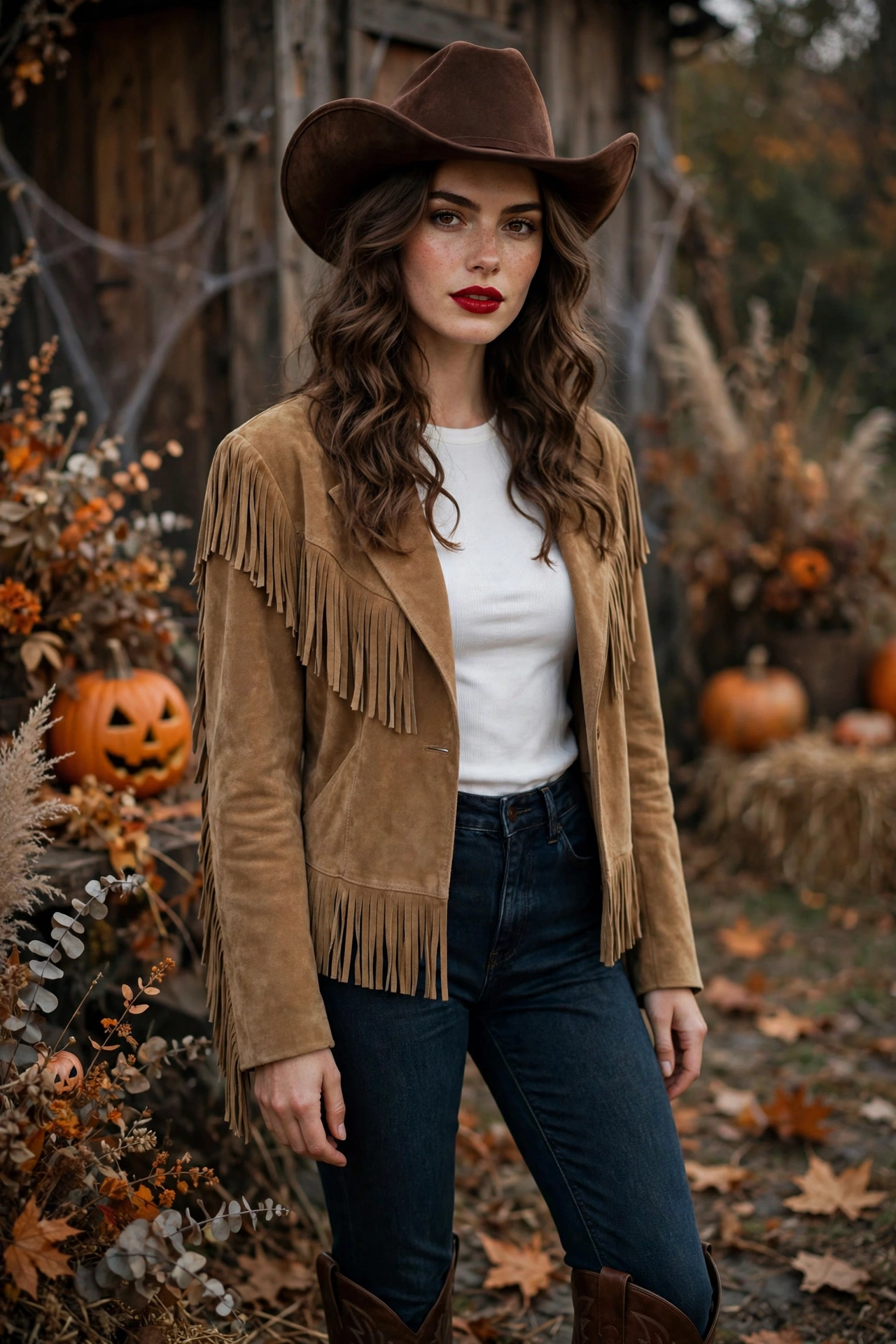 Cowgirl Halloween party outfit with fringe jacket denim and cowboy boots on a model