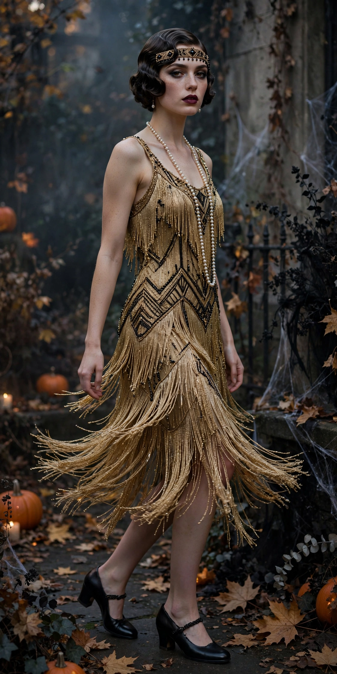 1920s flapper Halloween party outfit with gold fringe dress worn by a model