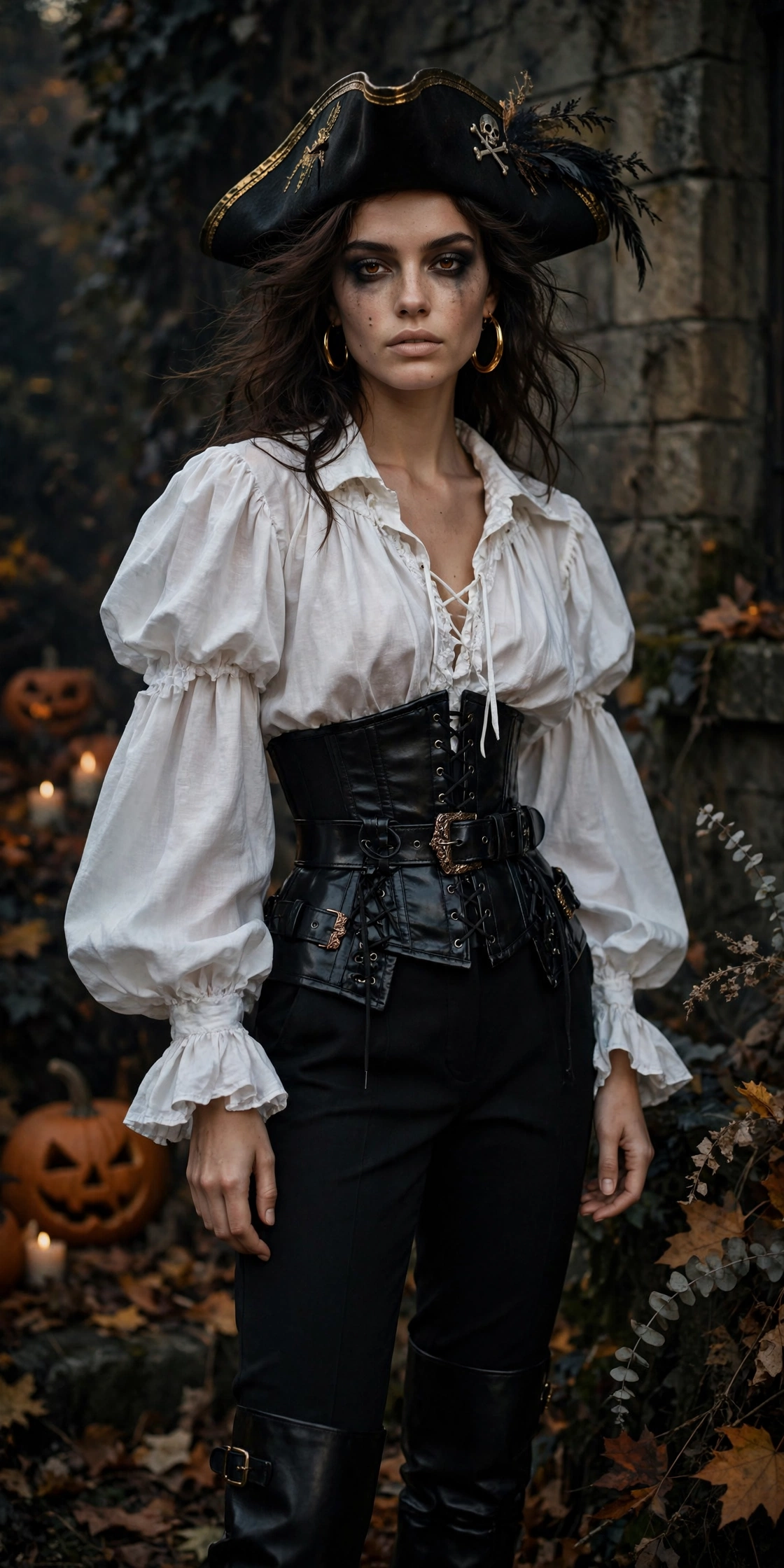 Polished pirate captain Halloween party outfit with white blouse and corset belt on a model