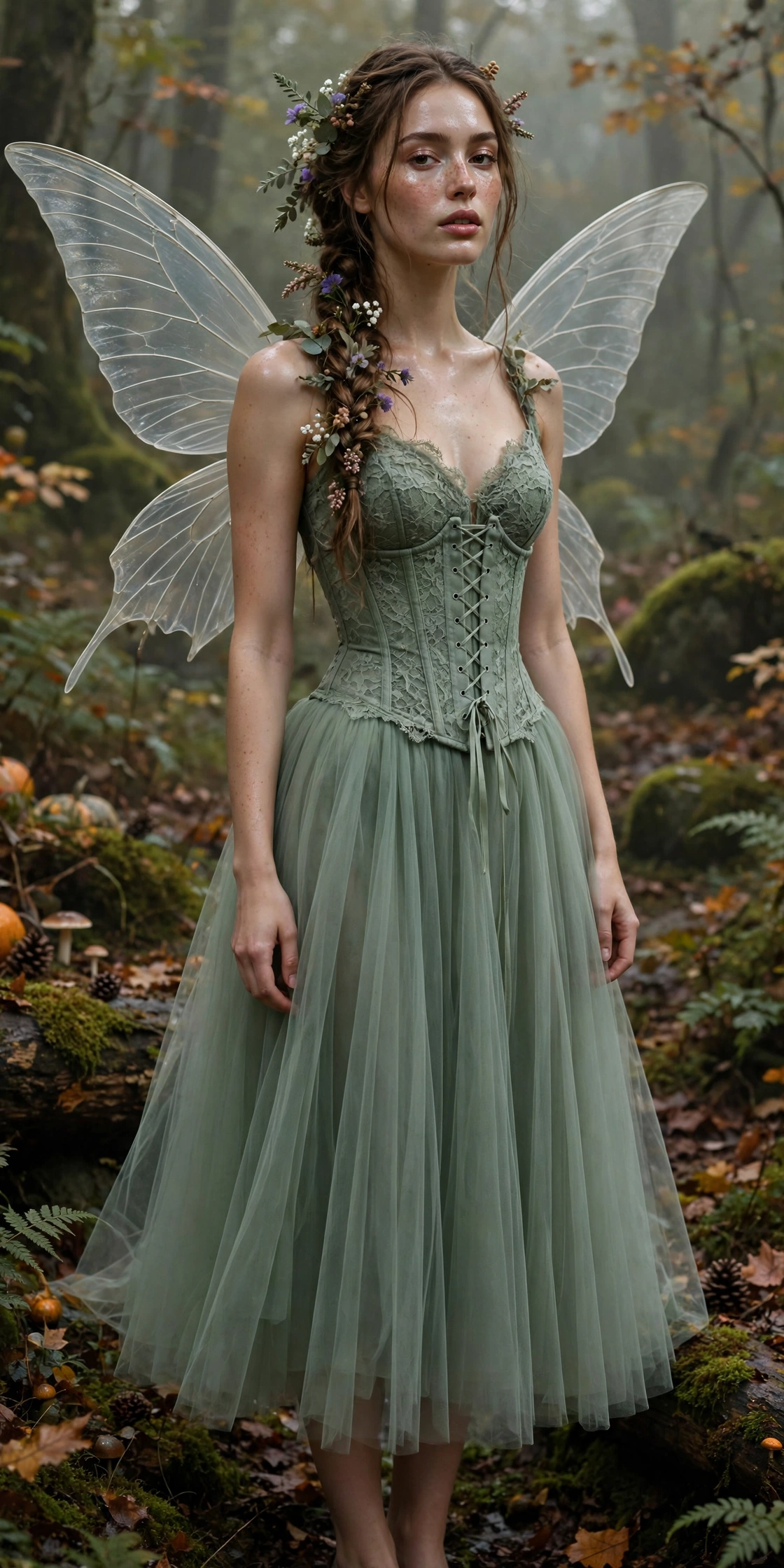 Woodland fairy Halloween party outfit with tulle skirt and corset top on a model