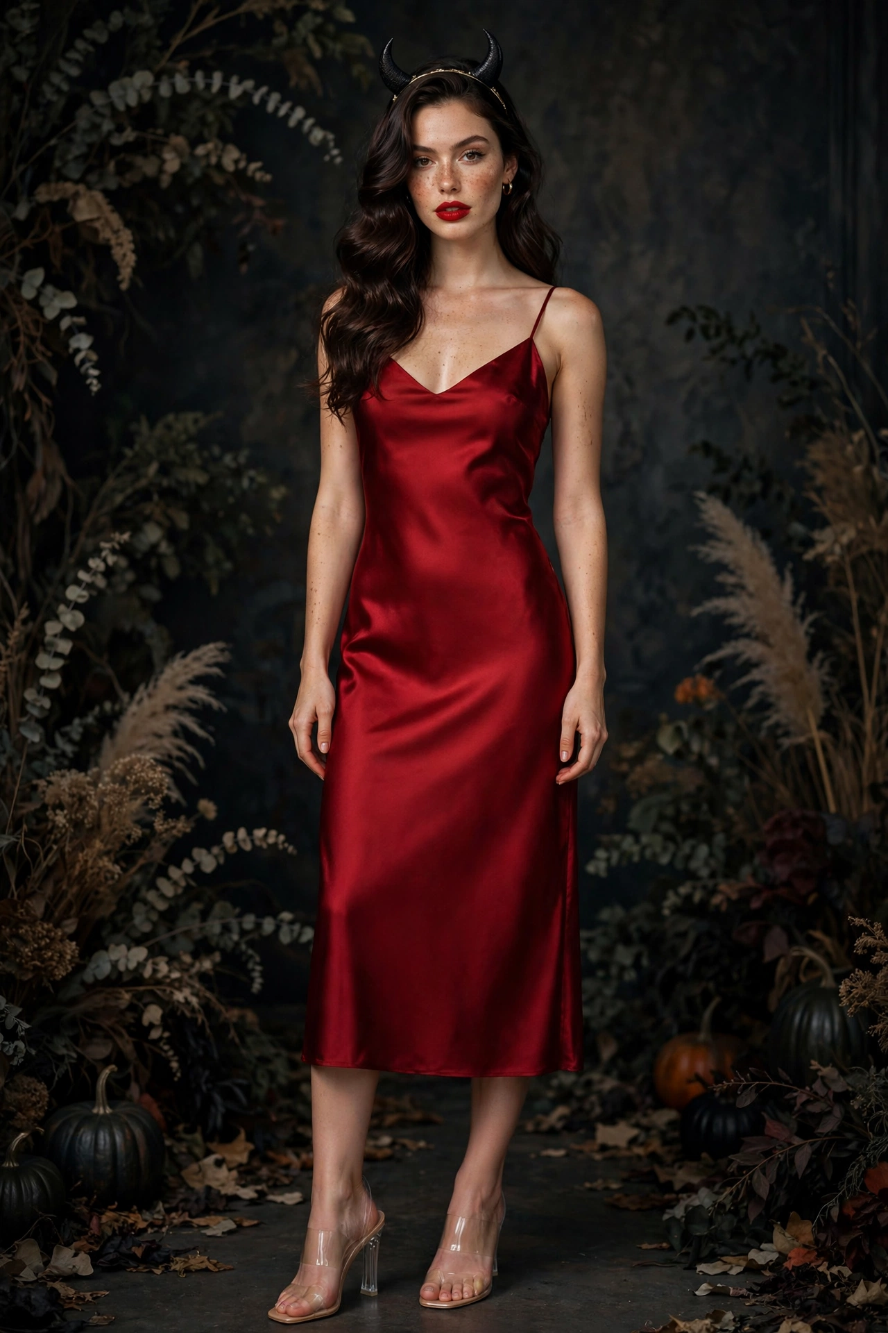 Devil Halloween party outfit in red satin dress with horns worn by a model