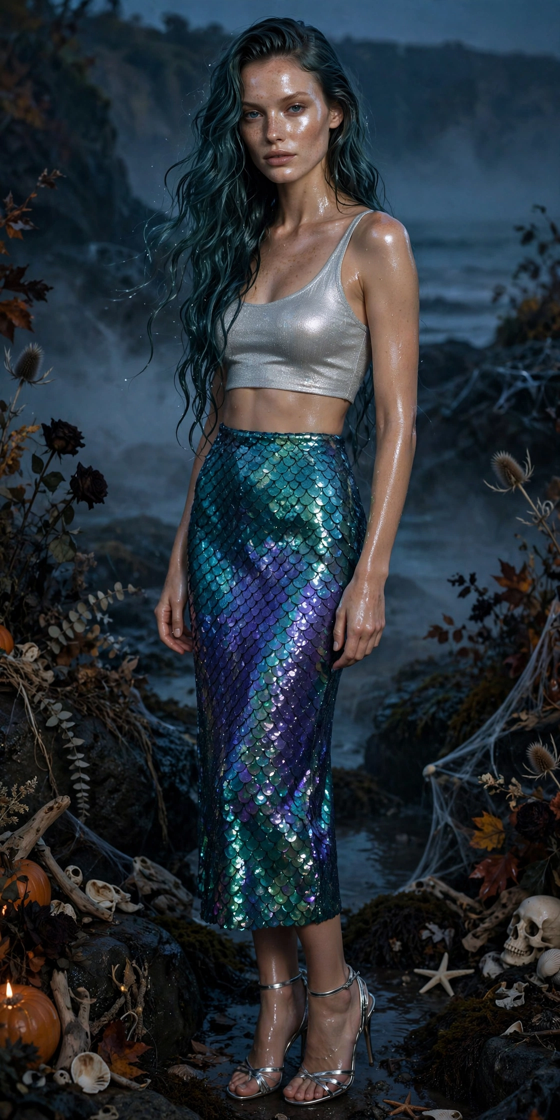 Mermaid Halloween party outfit with iridescent sequin skirt worn by a model
