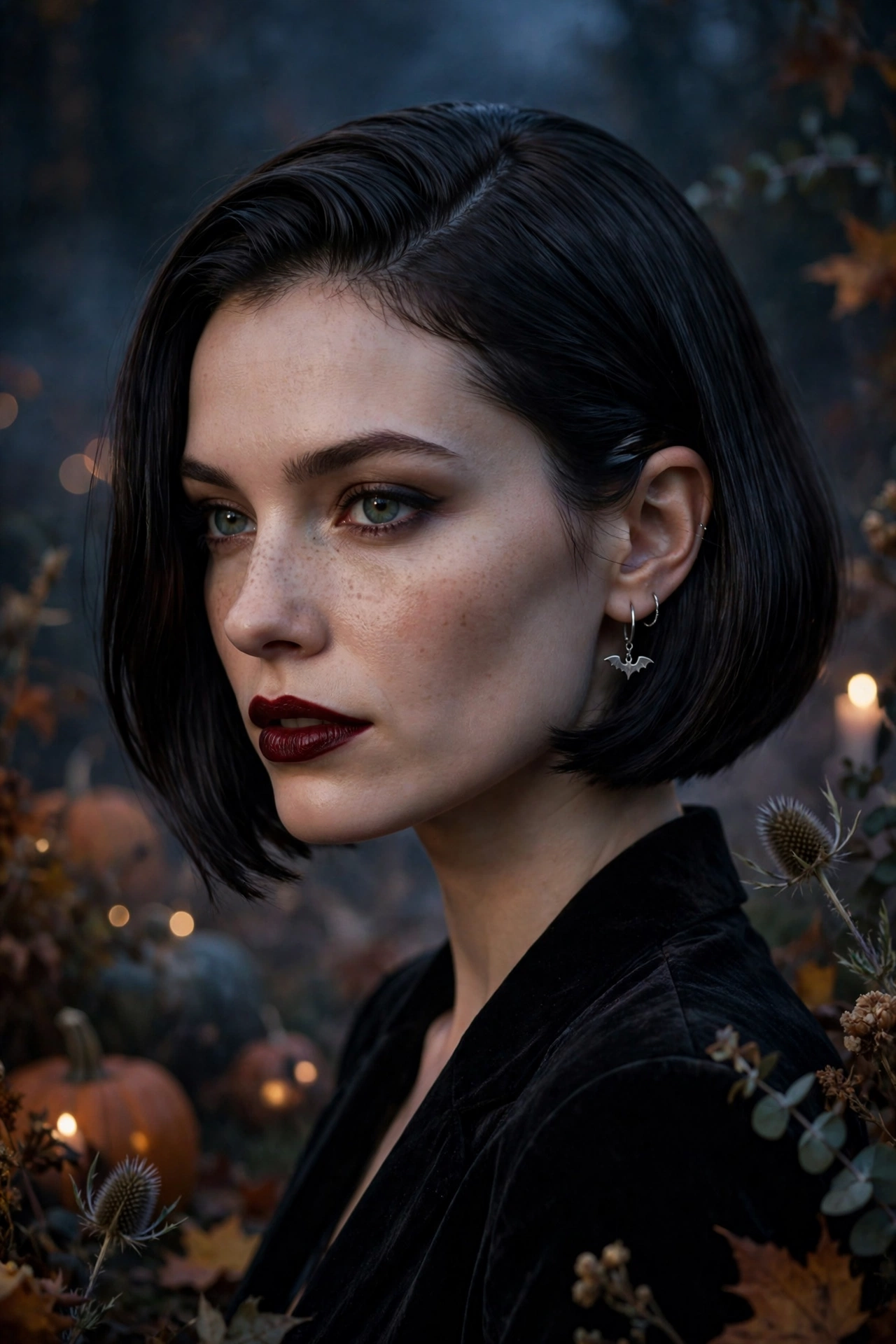 Sleek vampire bob Halloween hairstyle for short hair with deep side part on a real woman