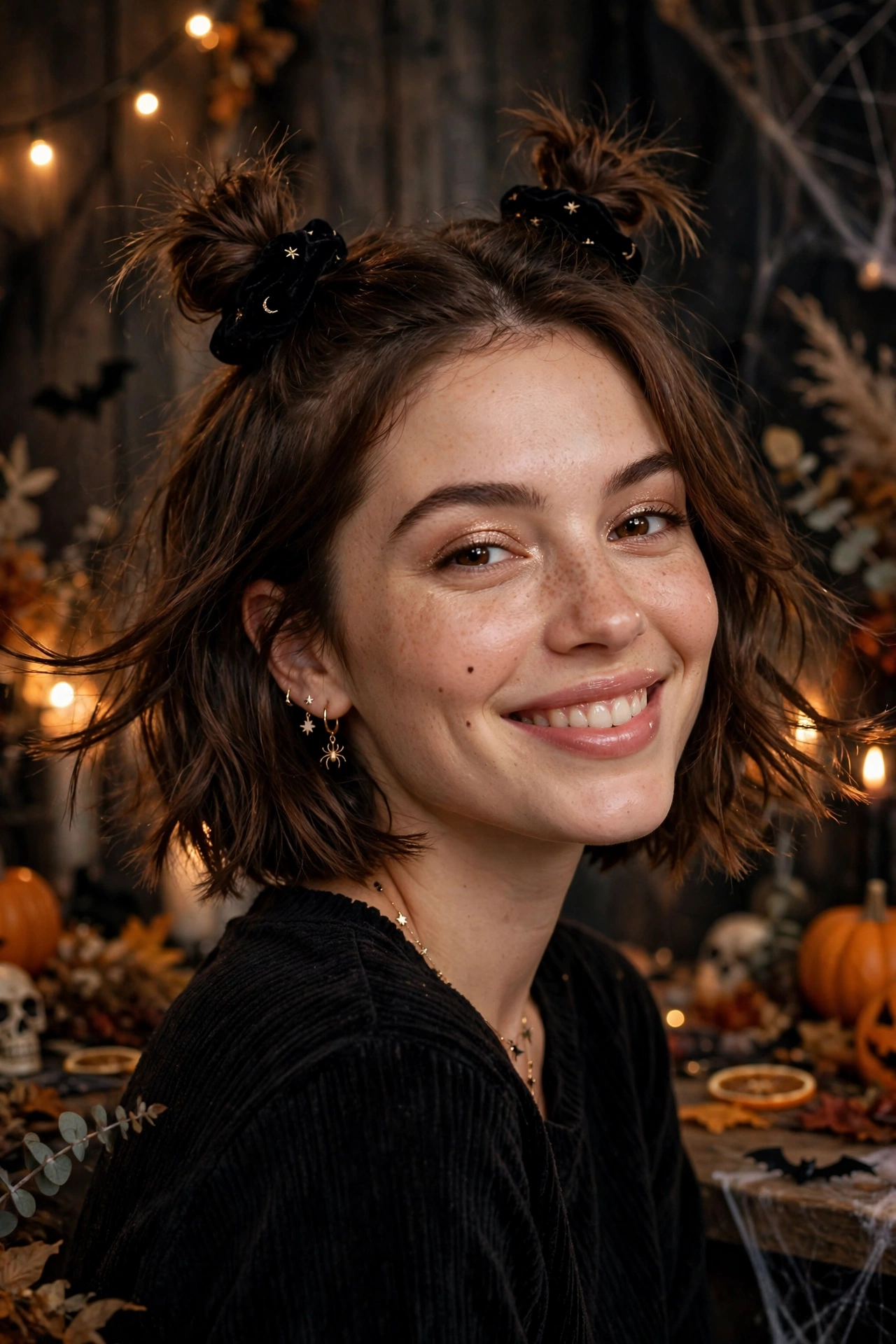 Half up mini space buns Halloween hairstyle for short bob hair on a real woman