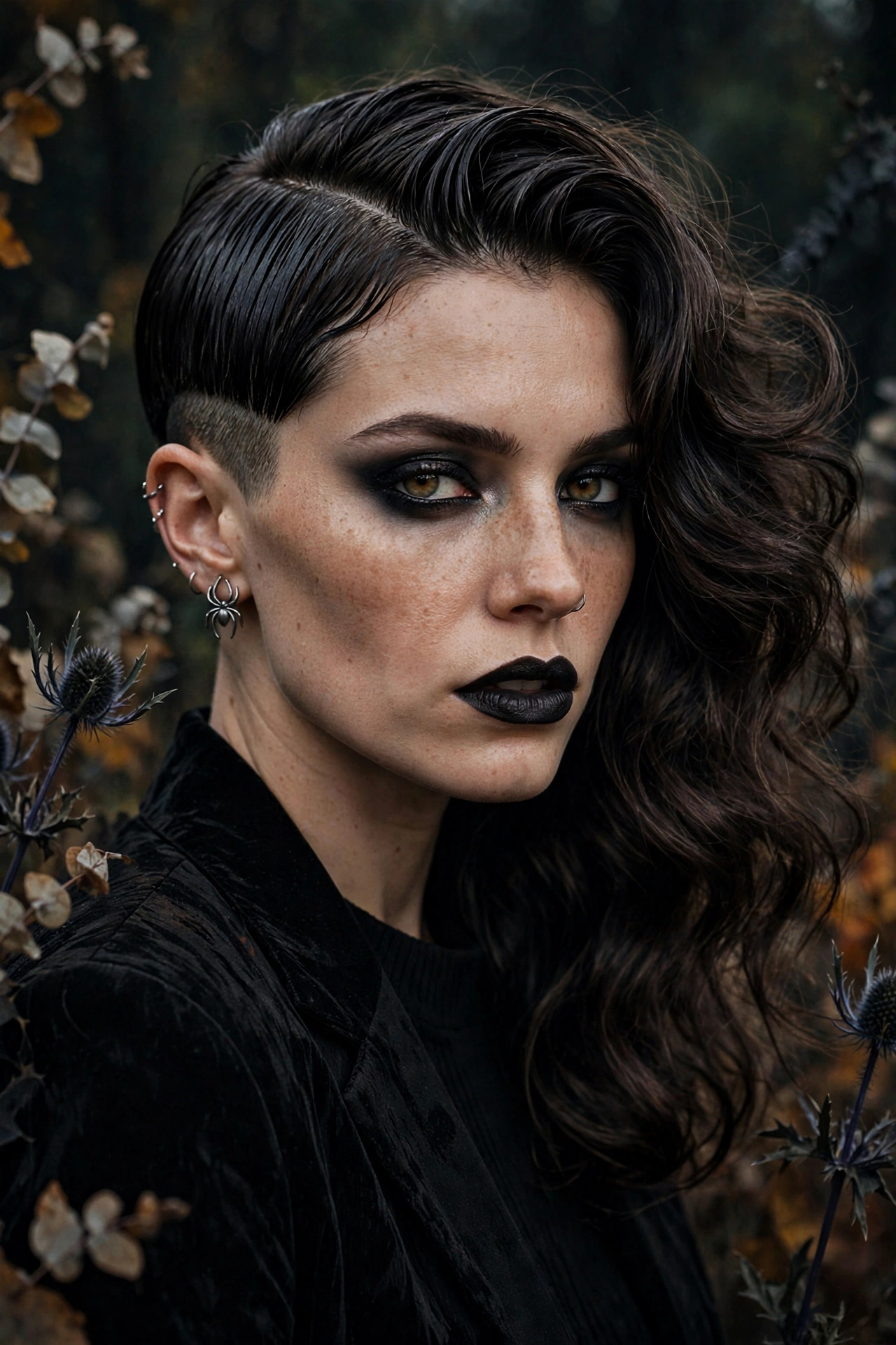 Faux undercut slicked side Halloween hairstyle for short hair on a real woman