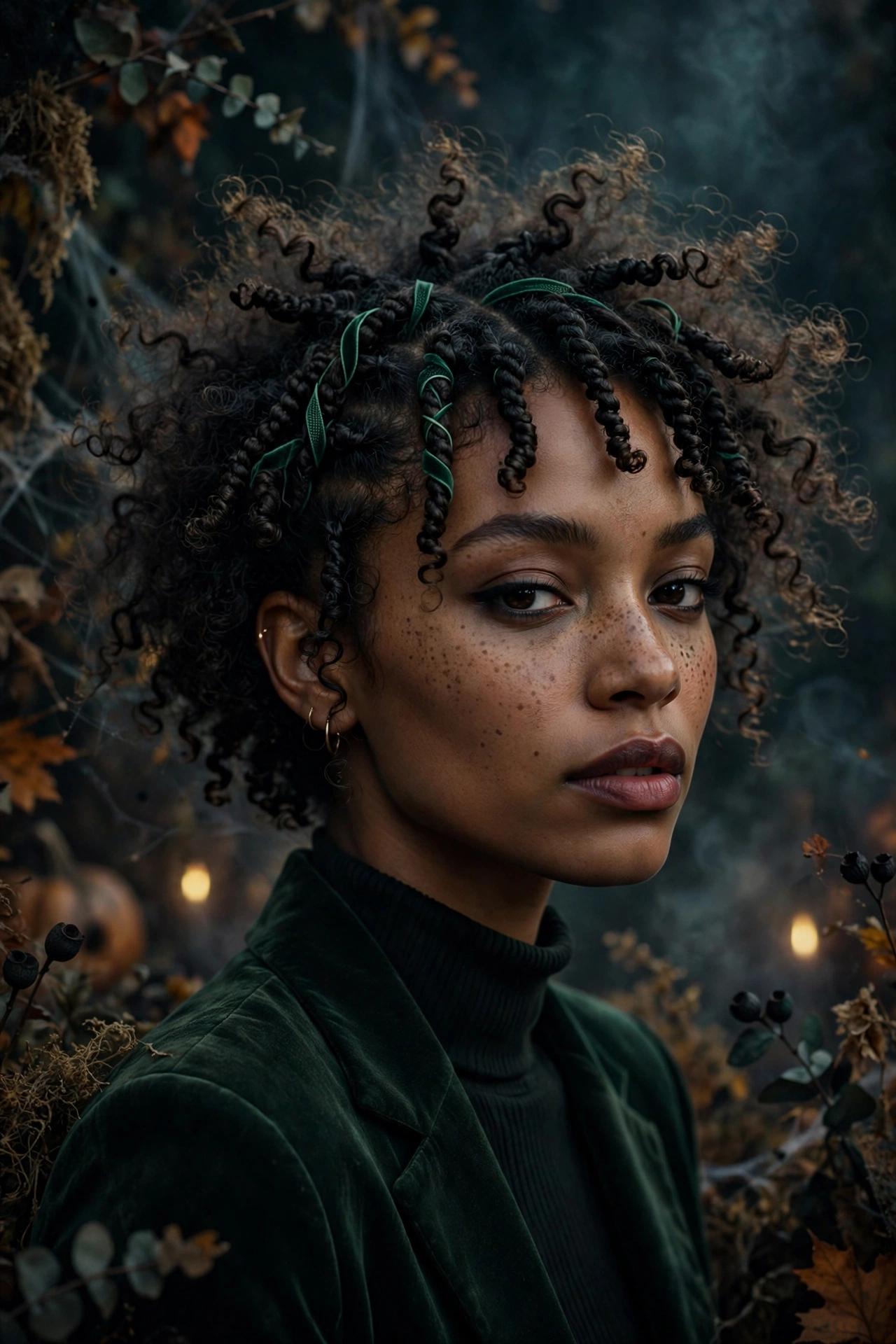 Medusa mini twists Halloween hairstyle for short curly hair with green ribbons on a real woman