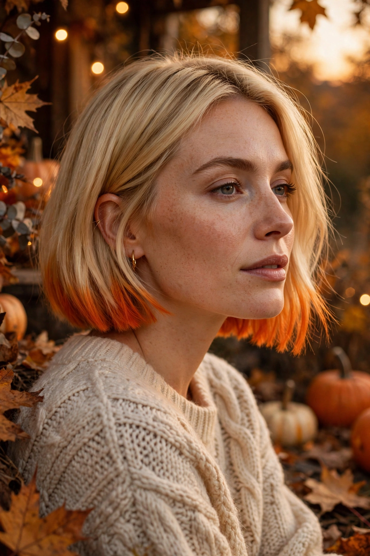 Pumpkin orange dip dye tips Halloween hairstyle for short blonde bob on a real woman