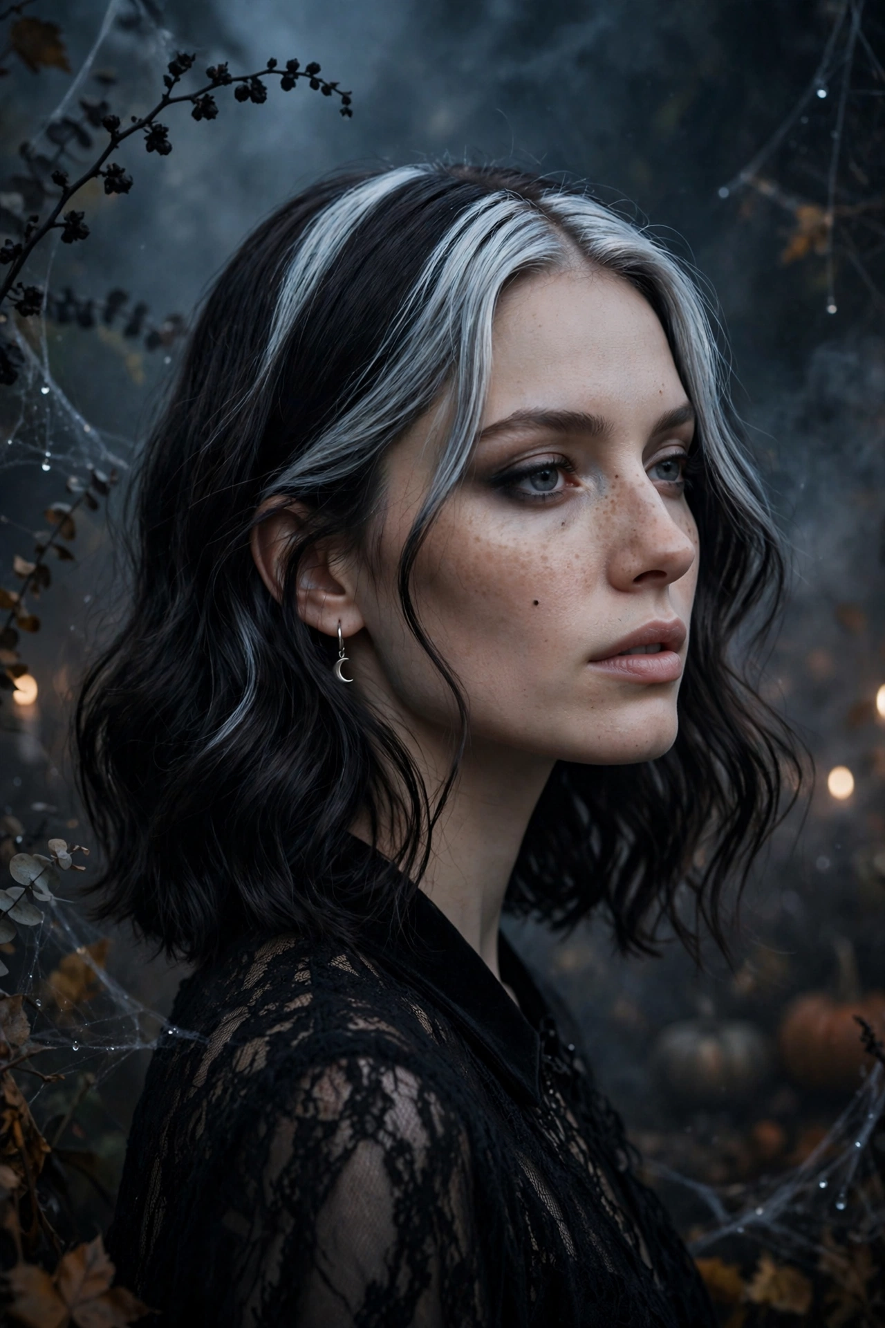 Silver moonlight streaks Halloween hairstyle for short dark lob hair on a real woman