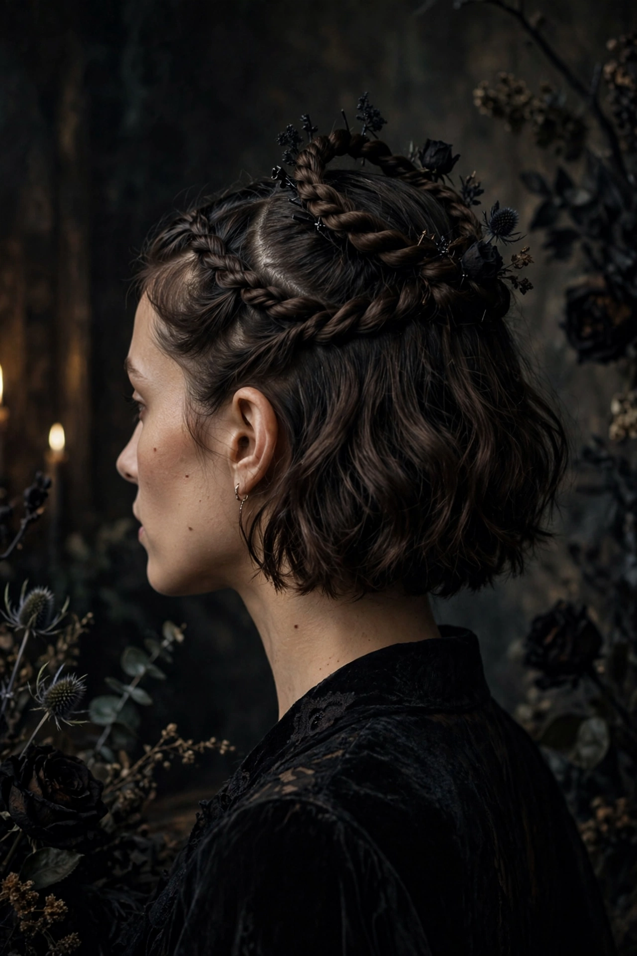 Twisted mini crown Halloween hairstyle for short lob hair on a real woman