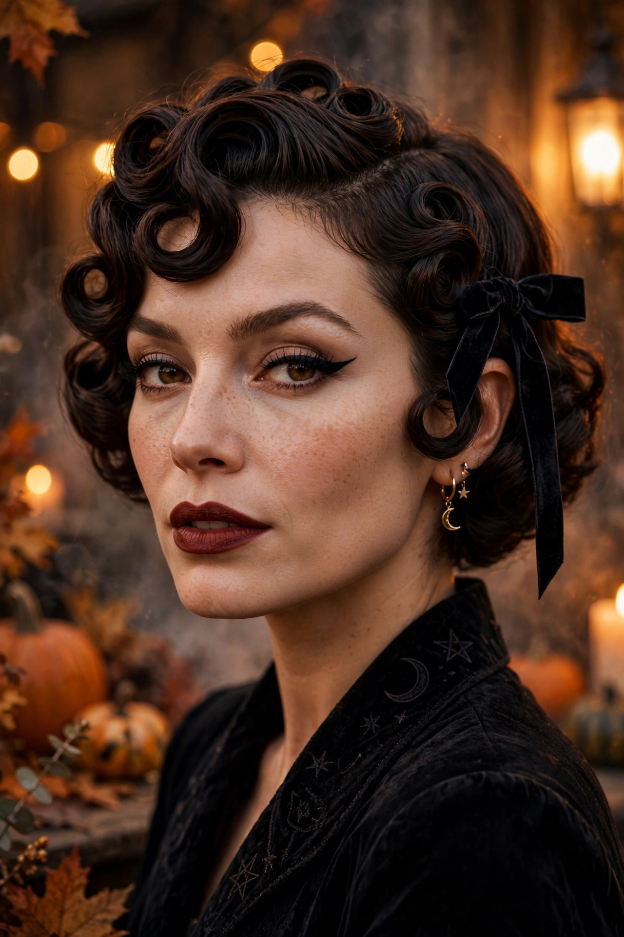 Retro pin curls pin up witch Halloween hairstyle for short hair on a real woman