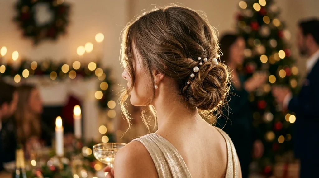 Elegant holiday party updos styled on a model with a strapless evening gown