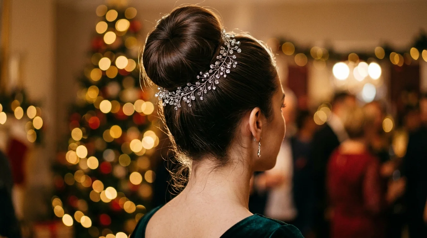 Crystal-capped topknot with glassy finish, a sleek holiday party updo