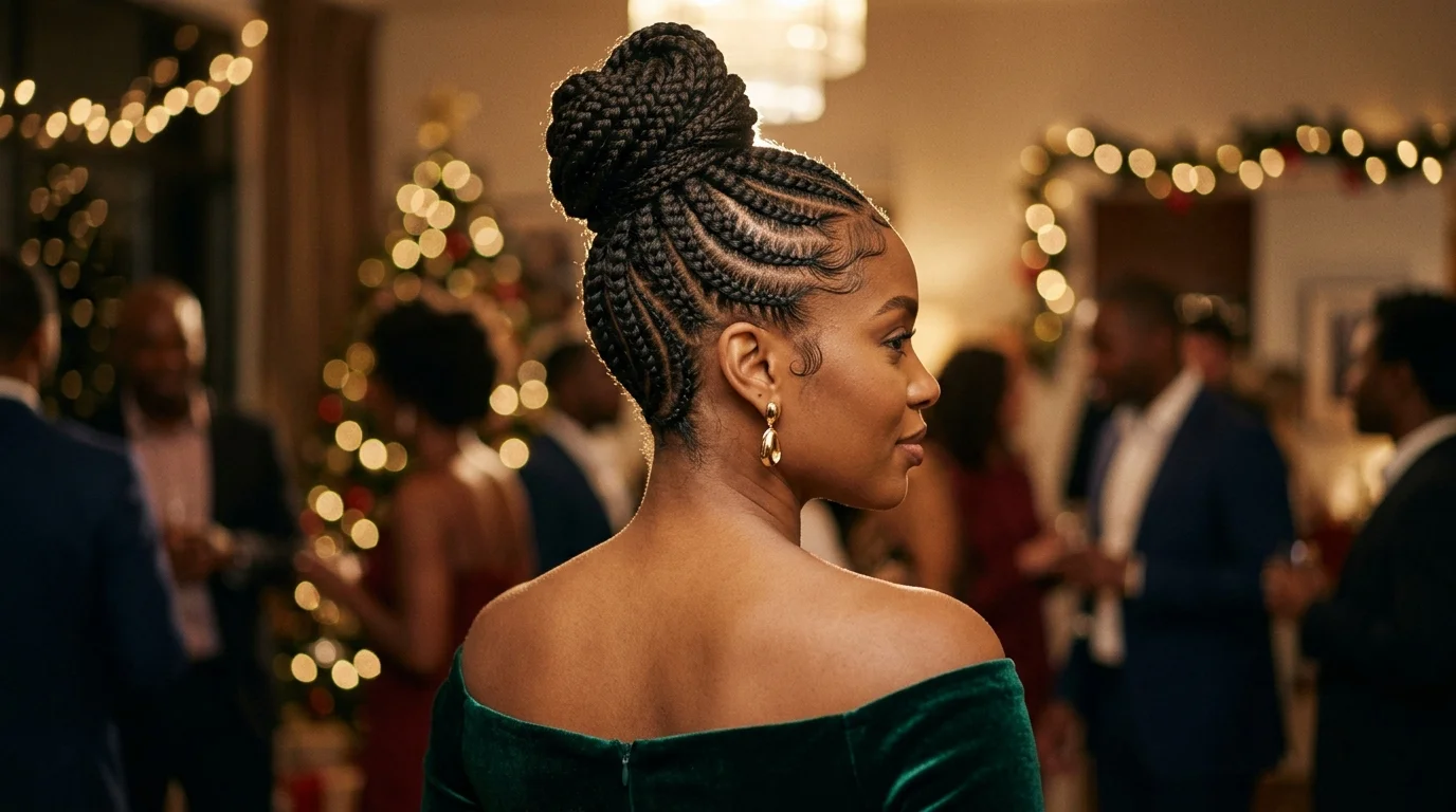 Braided feed-in topknot with cornrow sides, a secure holiday party updo