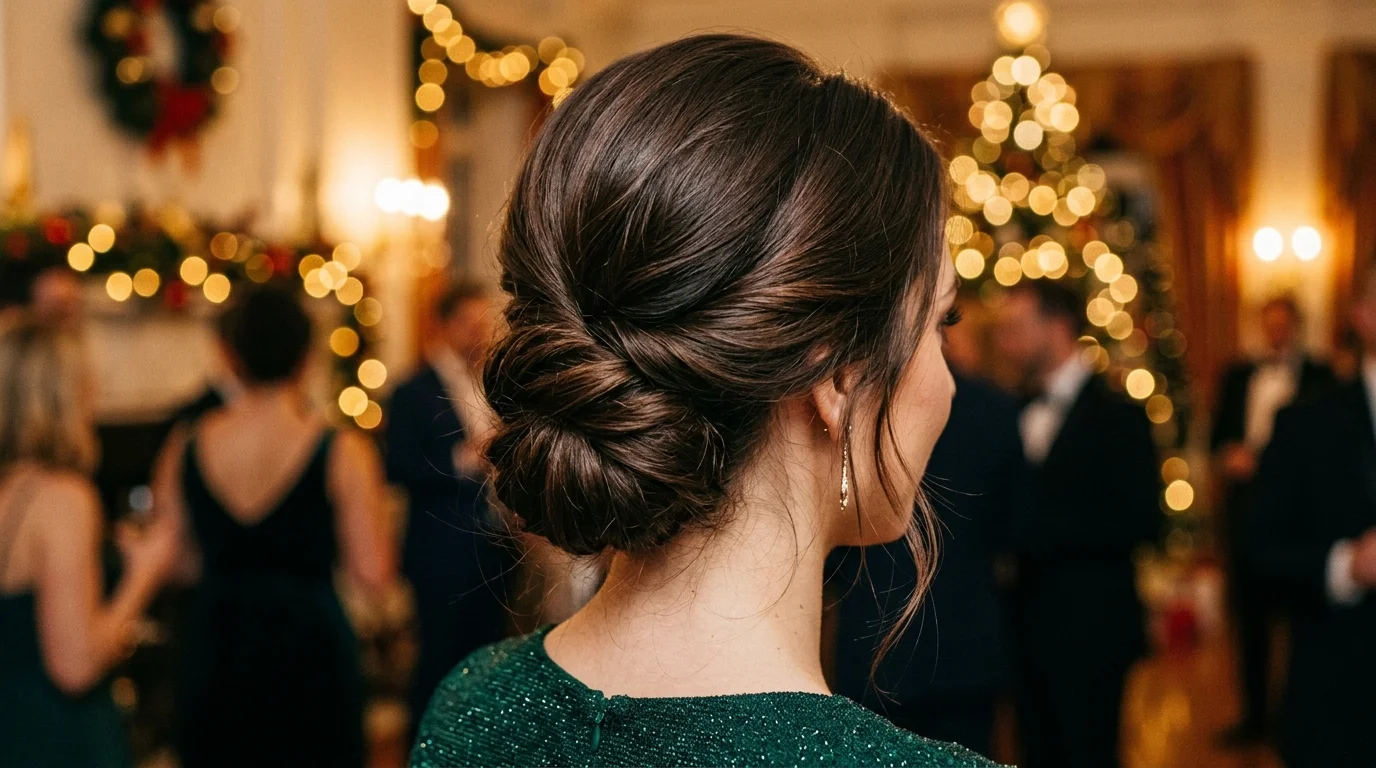 Side-swept asymmetric low chignon, a modern holiday party updo