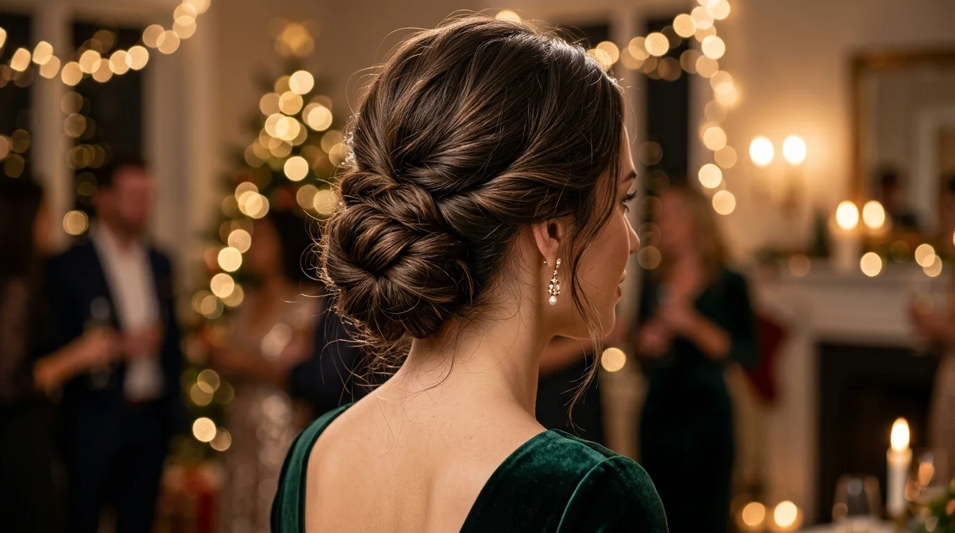 Knotted low stack pinned at the nape, an effortless holiday party updo