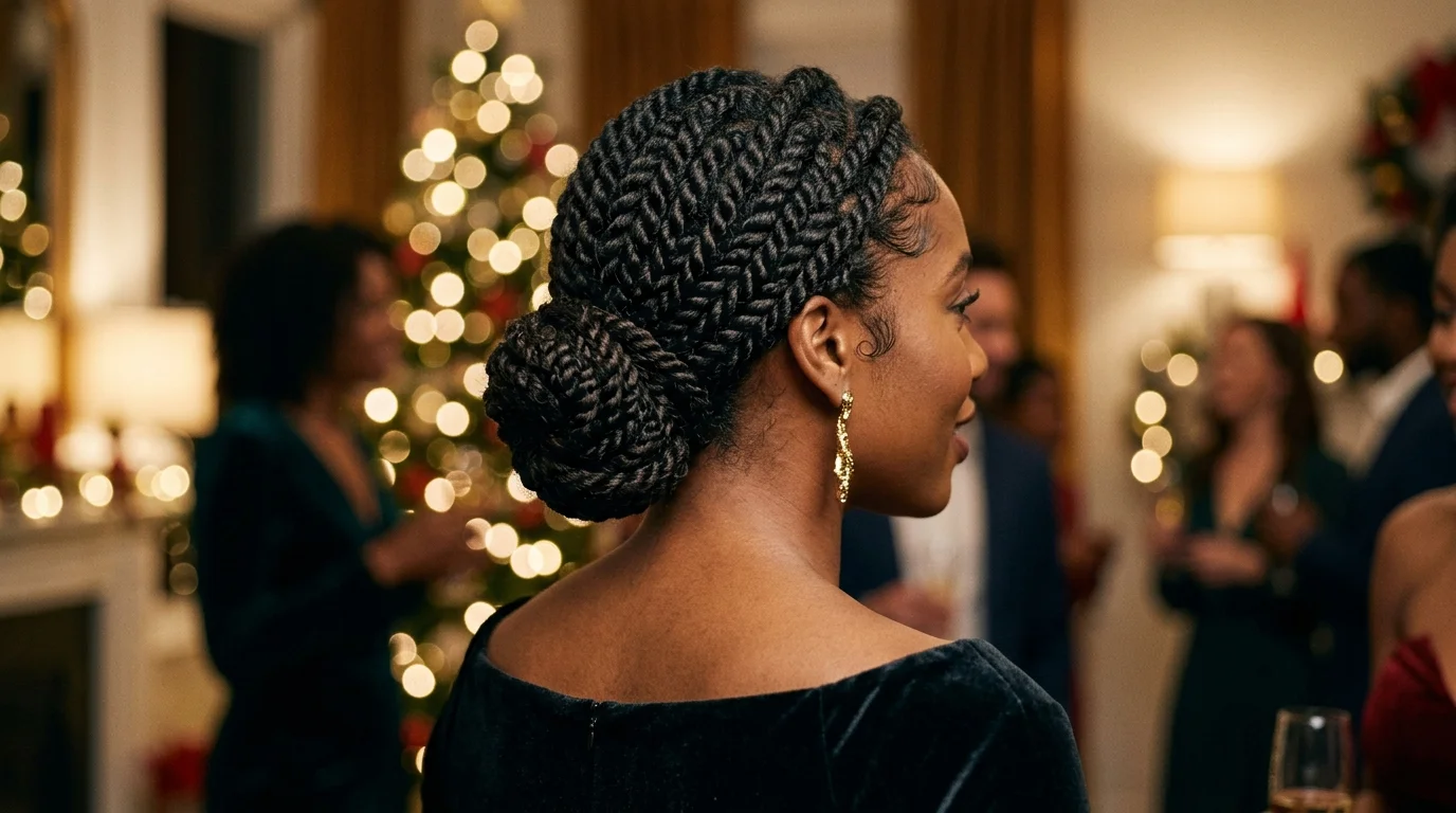 Rope-twist coil bun with graphic texture, a tidy holiday party updo