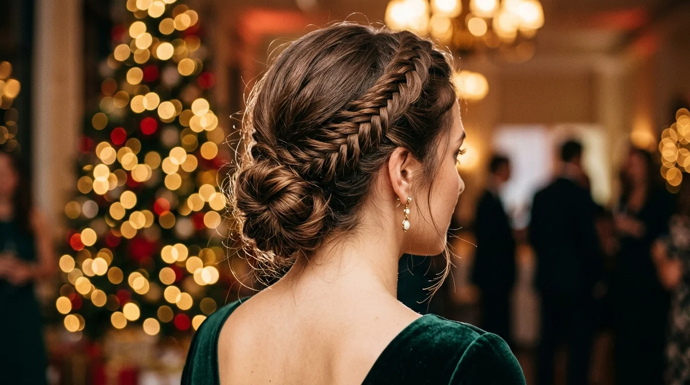 Fishtail-crowned low knot at the nape, an intricate holiday party updo
