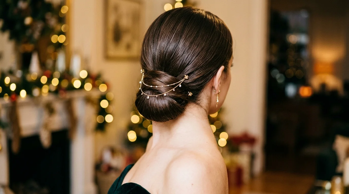 Low knot with draped gold hair chain, a glamorous holiday party updo