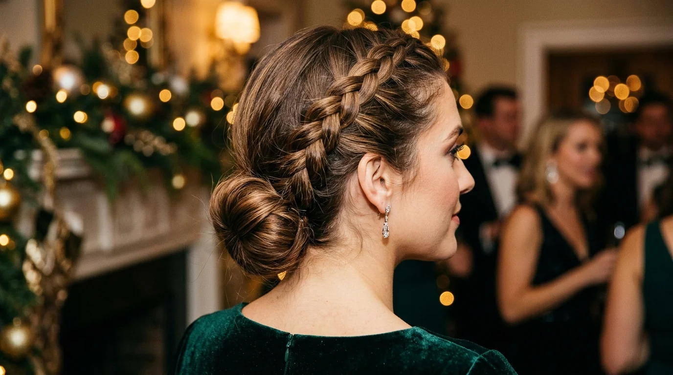 Hairline Dutch braid feeding into a low bun, a detailed holiday party updo