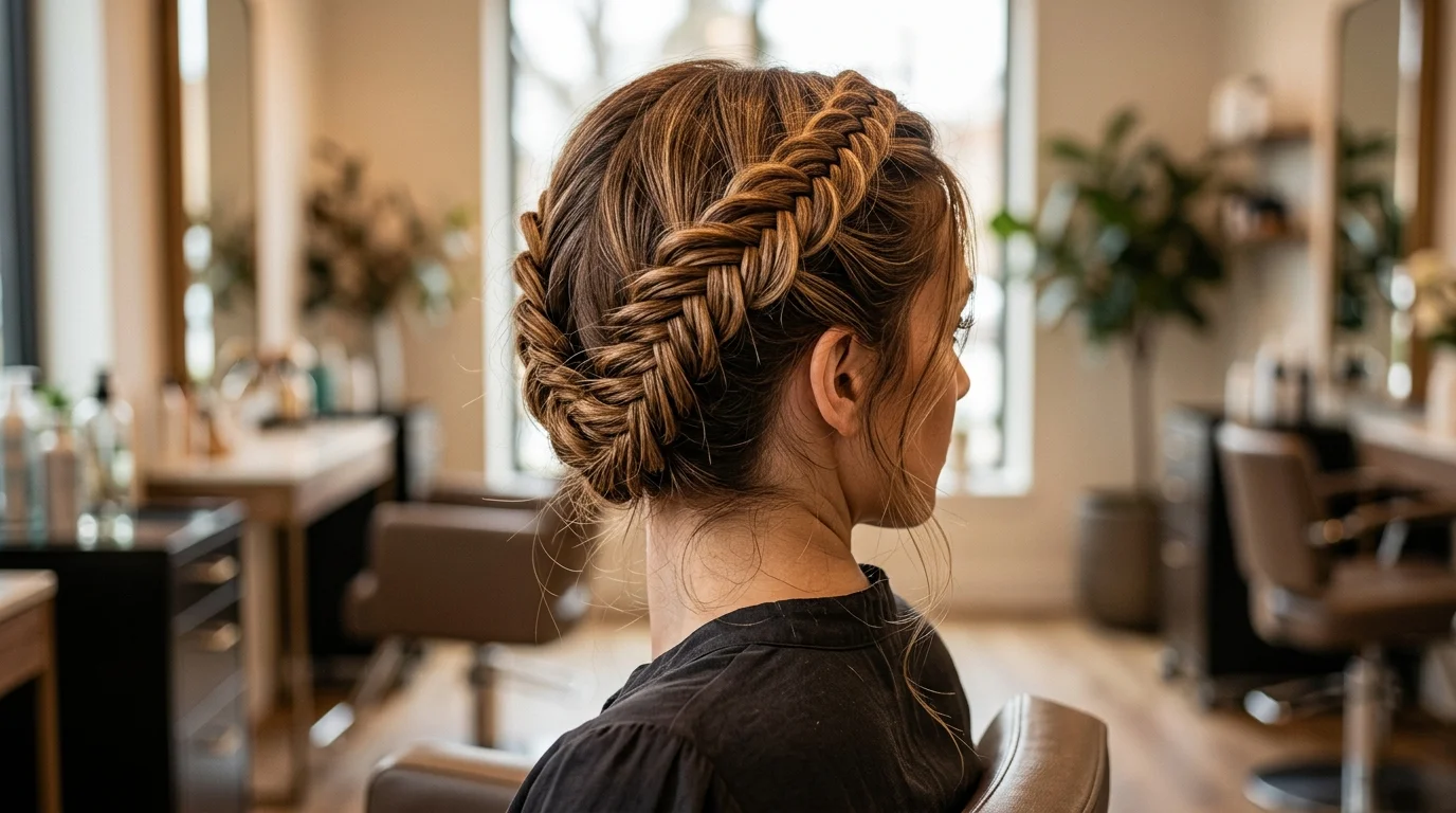 Fishtail halo updo crossing the crown, a statement holiday party updo