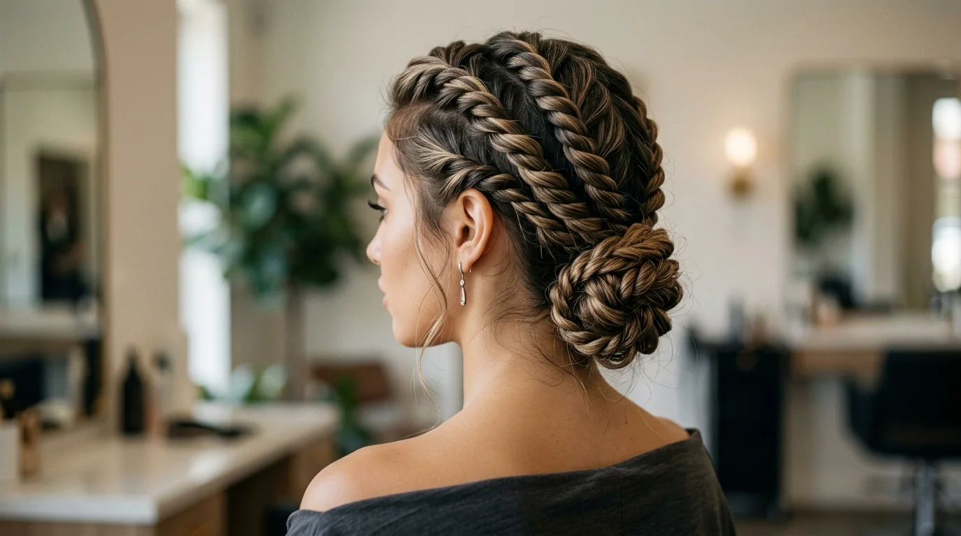 Twisted halo crown into a low knot, a soft holiday party updo