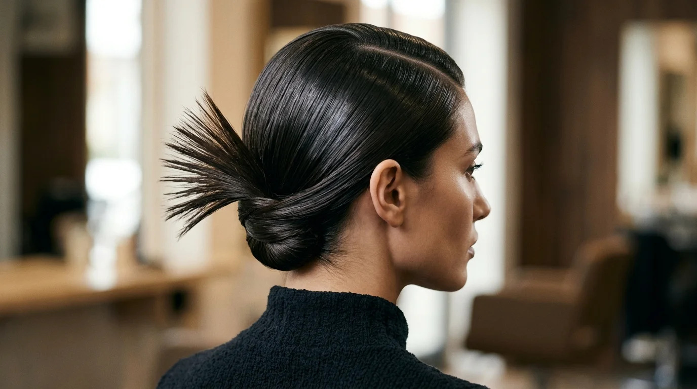 Sculpted low twist with deep side part, an editorial holiday party updo