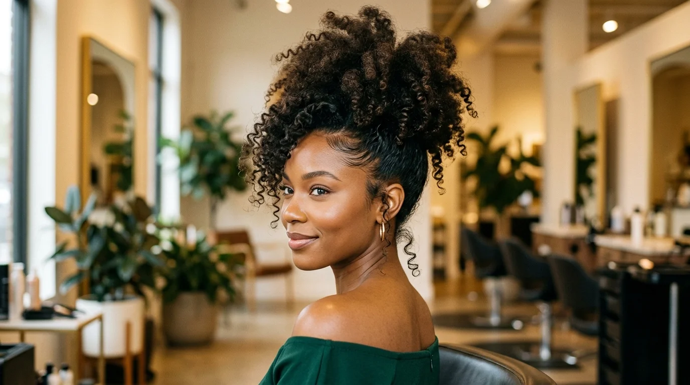 Curly pineapple pinned updo with natural volume, a joyful holiday party updo