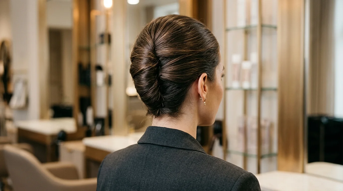Low ponytail twisted up along the back, a tailored holiday party updo