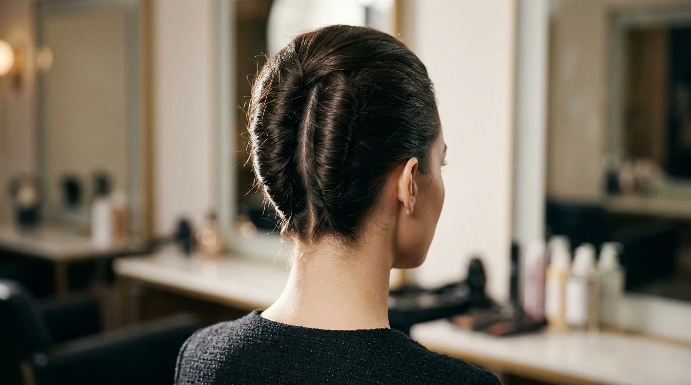Two parallel French twists merging at the crown, a graphic holiday party updo