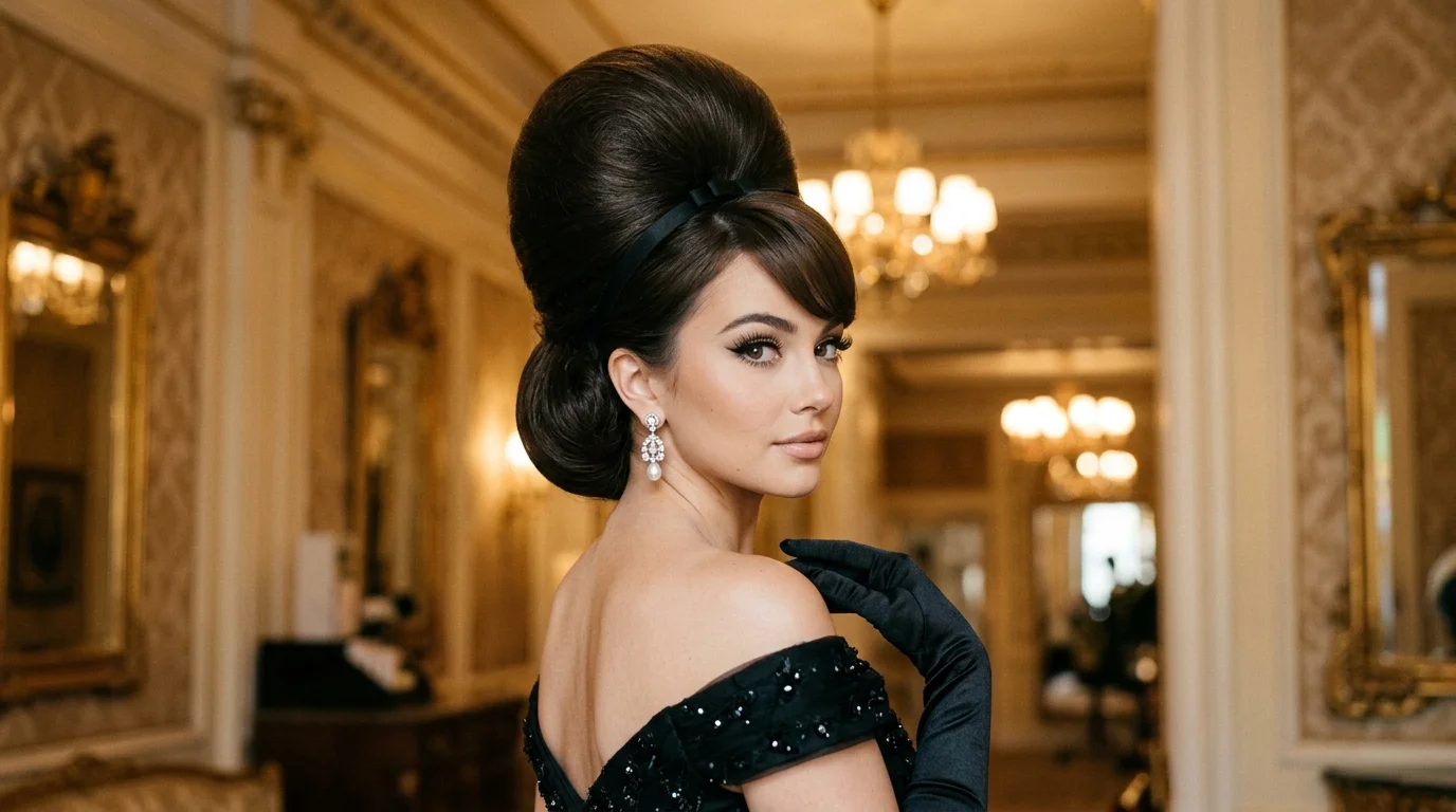 Beehive with tucked ends and towering crown, a retro holiday party updo