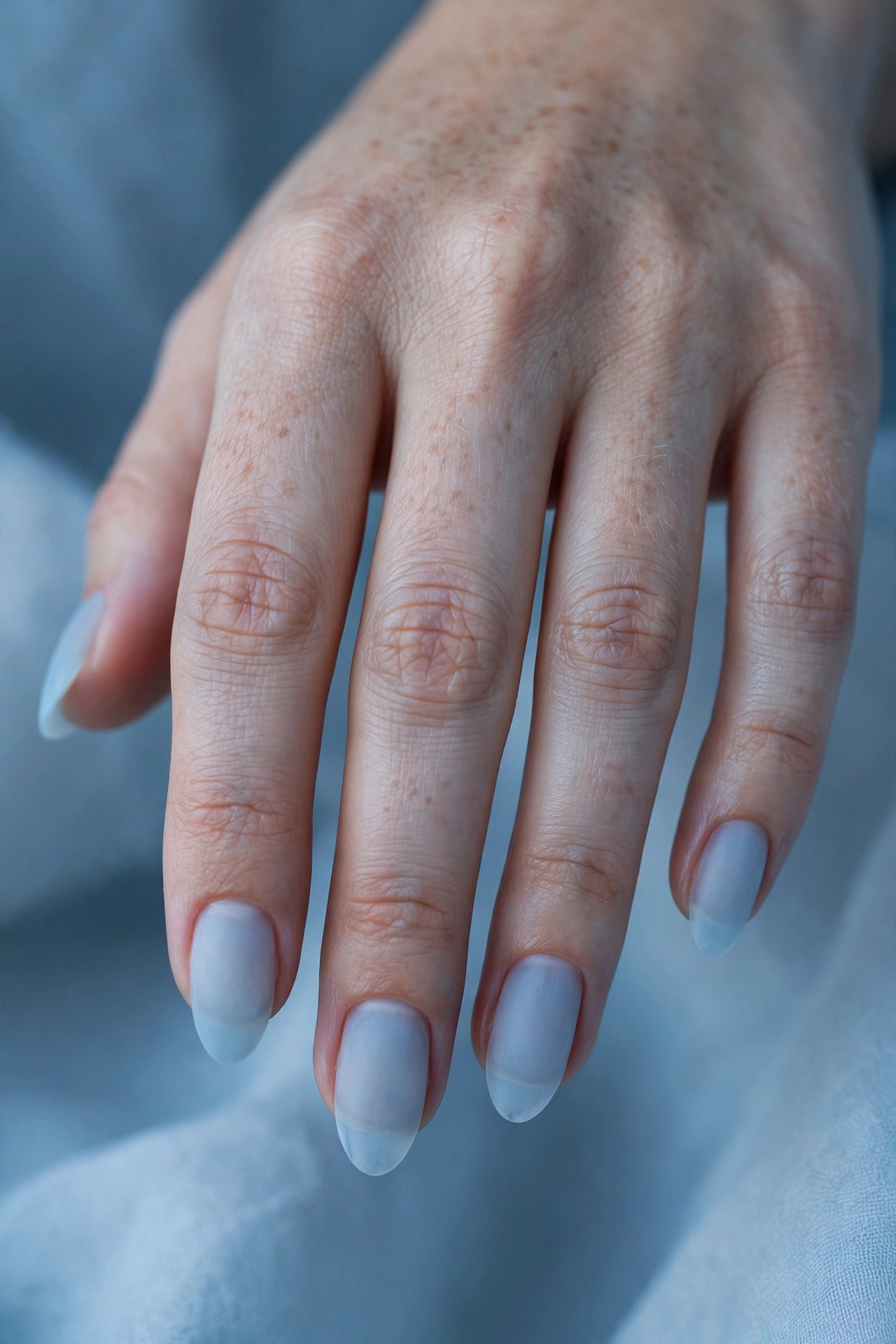 Frosted icy blue almond Christmas nails with matte glacier finish