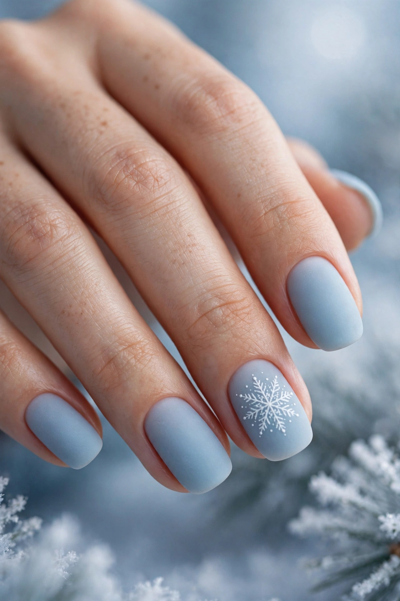 Icy blue Christmas nails with white snowflake accent on frosted matte blue