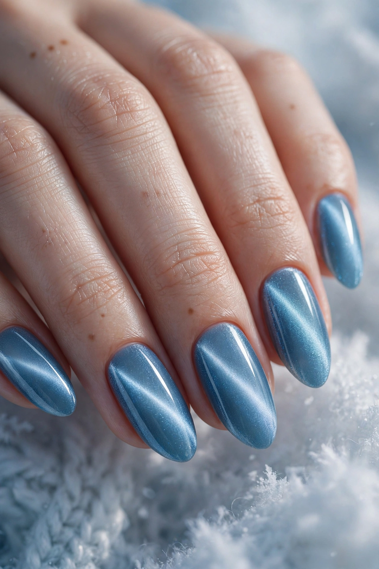 Icy blue cat-eye velvet Christmas nails with magnetic frost shimmer
