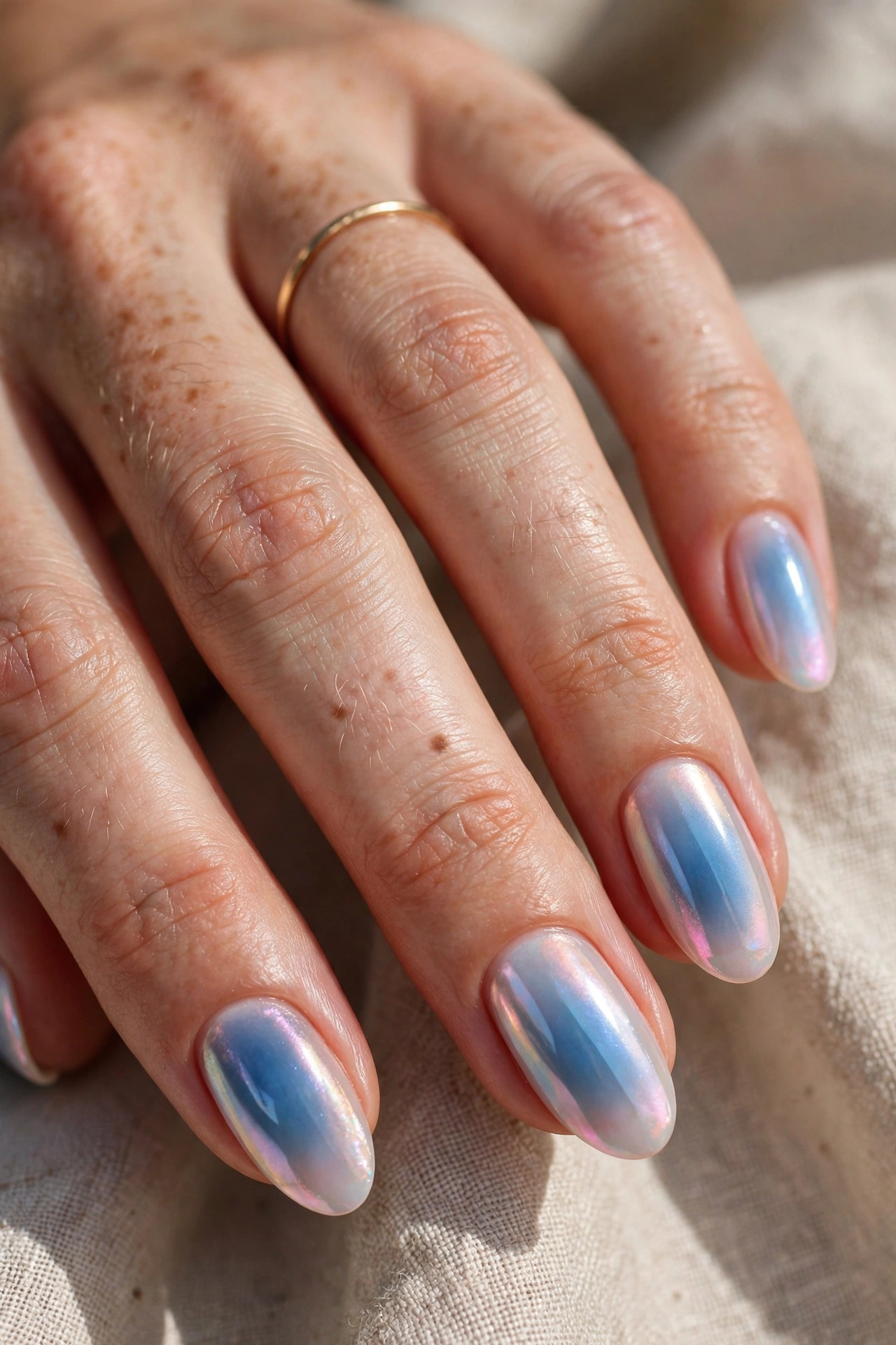 Opalescent aura icy blue Christmas nails with celestial pearl glow
