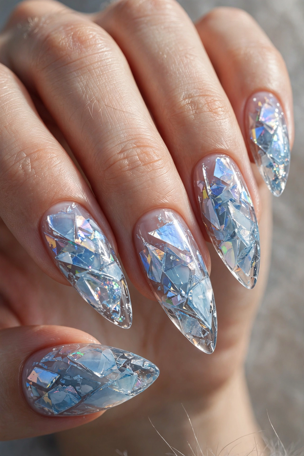 Shattered glass icy blue Christmas nails with iridescent cracked ice effect