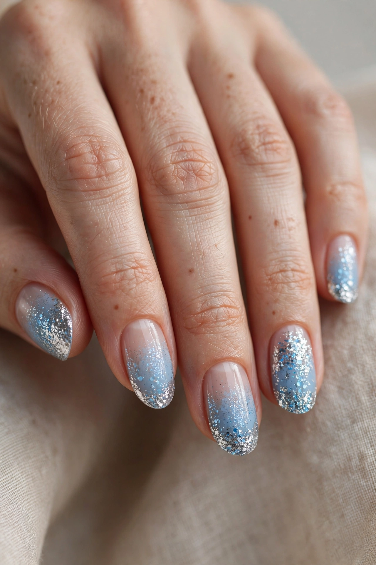 Icy blue glitter fade Christmas nails fading to nude at cuticle